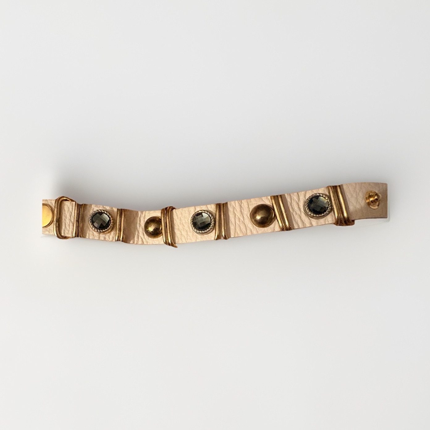 Vintage King Star Beige Leather Cuff Bracelet, with Crystals and snaps 7”-8”