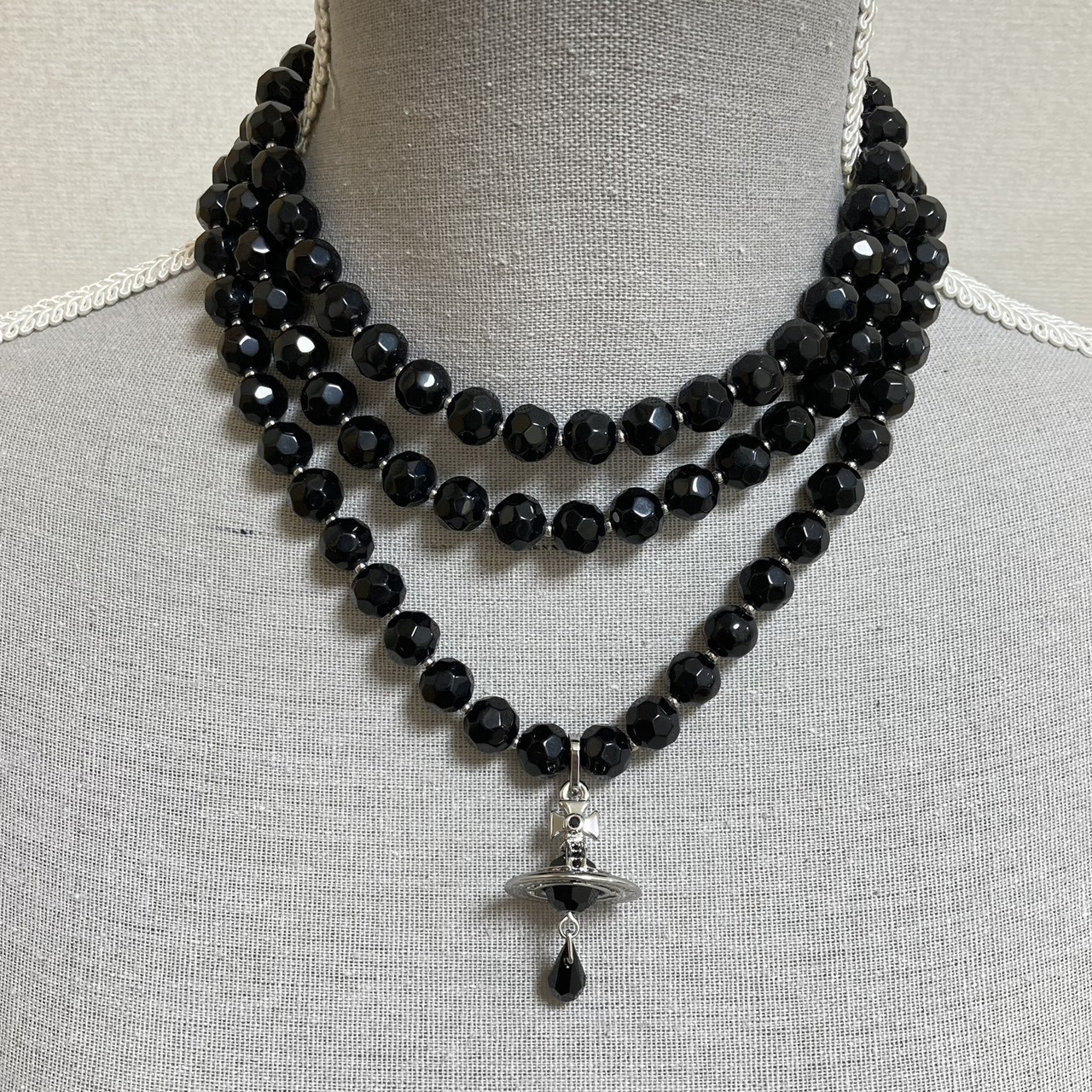 Vivienne Westwood Necklace 3-Strand Drop Choker Black Silver NO BOX