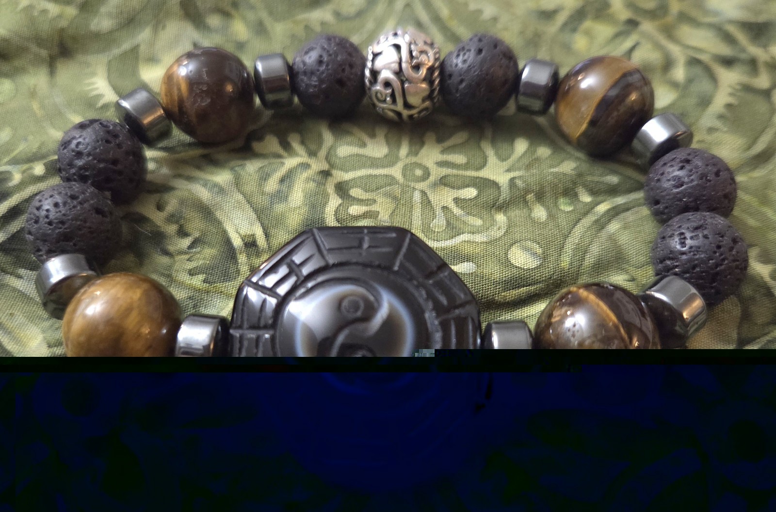 Mens bracelet with double Dzi: Dragon eye and ying yang with natural Stones.