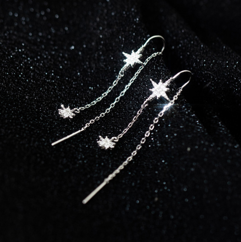 925 Sterling Silver Snowflake Star CZ Dangle Pull Through Threader Earrings PE48
