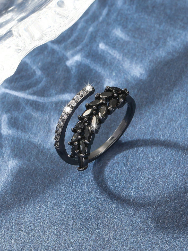Women’s Adjustable CZ Leaf Ring Double Row Crystal Open Wrap Band Jewelry Gift