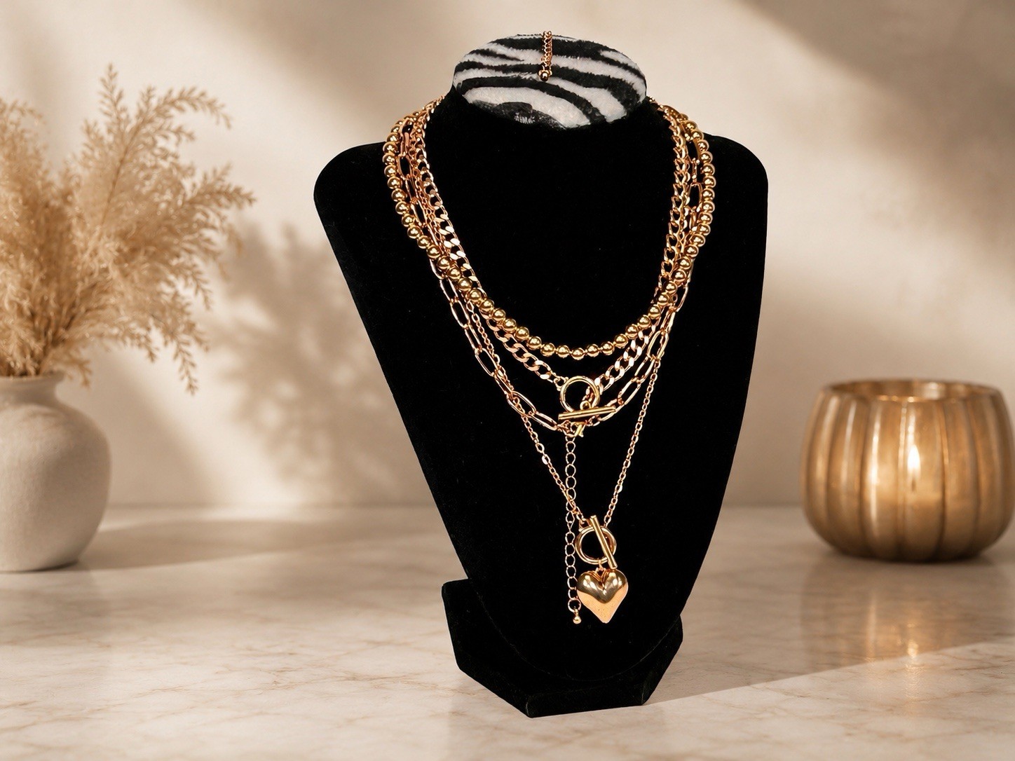 GOLD-TONED MULTI-LAYER NECKLACE SET BEADED & CHNKY LINK CHAIN W/HEART TOGGLE CLS