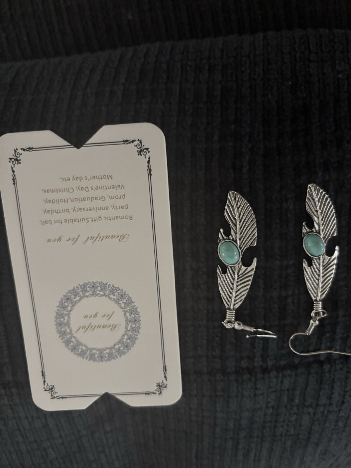 Feather Dangle/Drop Hook Earrings Silver Tone Blue Round Cabochon Bezel