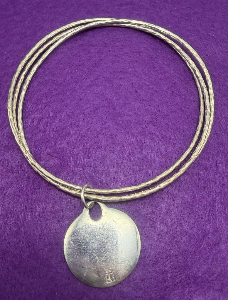 Triple Sterling Silver 925 Bangle Bracelet with Charm Designer Signed 17 grams