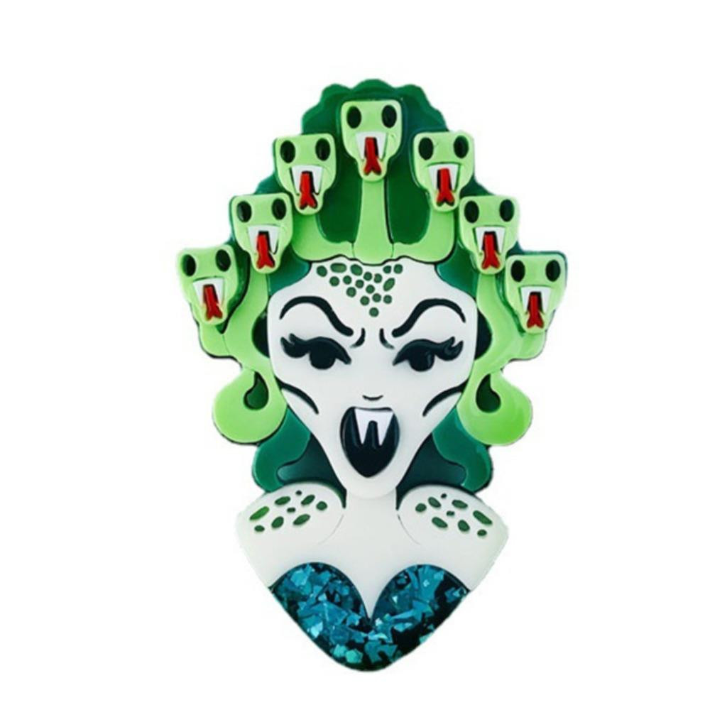 MEDUSA BROOCH 2.9″ Acrylic Pop Art Statement Pin Snake Green Greek Mythology NEW
