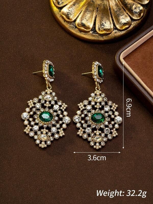 Emerald Green Crystal Pearl Necklace Earrings Set Vintage Bridal Gold Statement