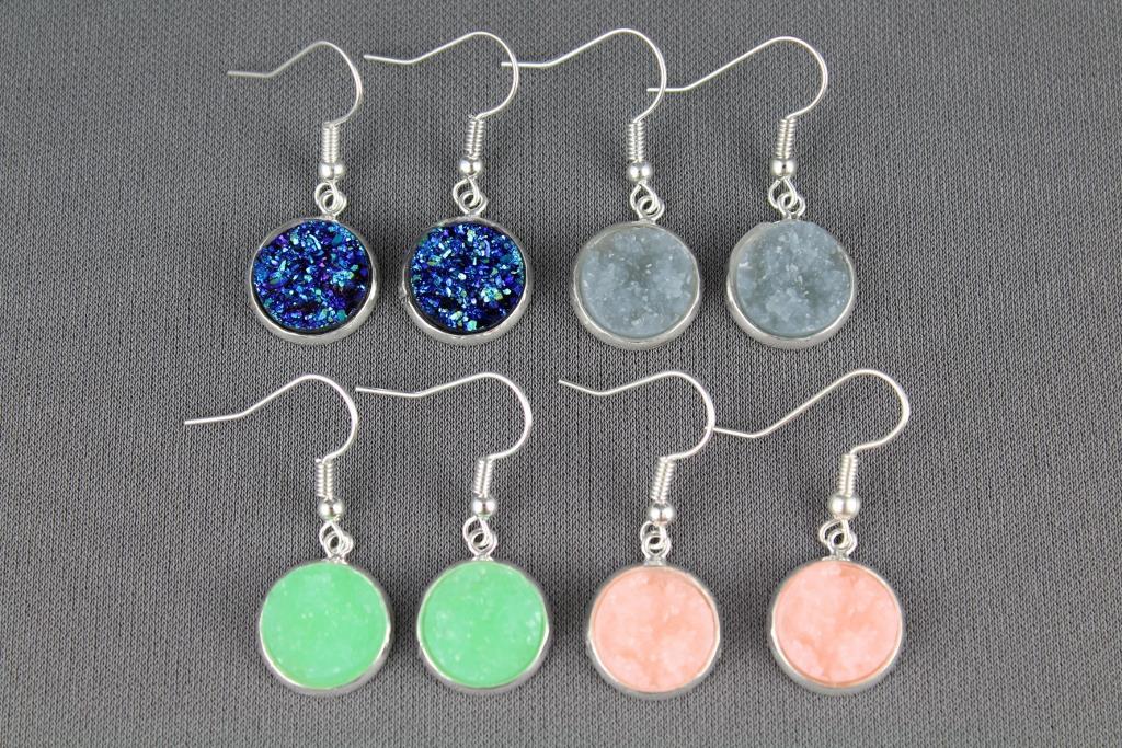 sparkly dangle earrings small silver faux druzy pendant 1.25 inches long drusy