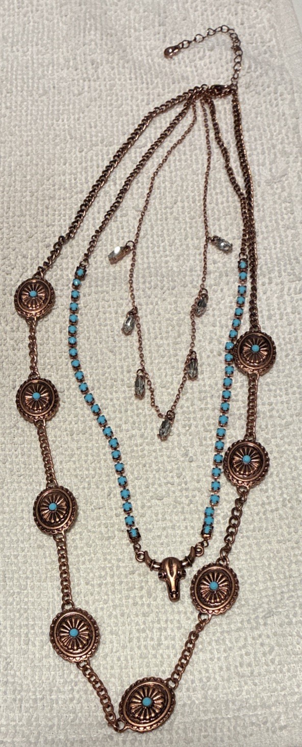 Western-Style 3 Multi Layered Copper Turquoise Choker Necklace
