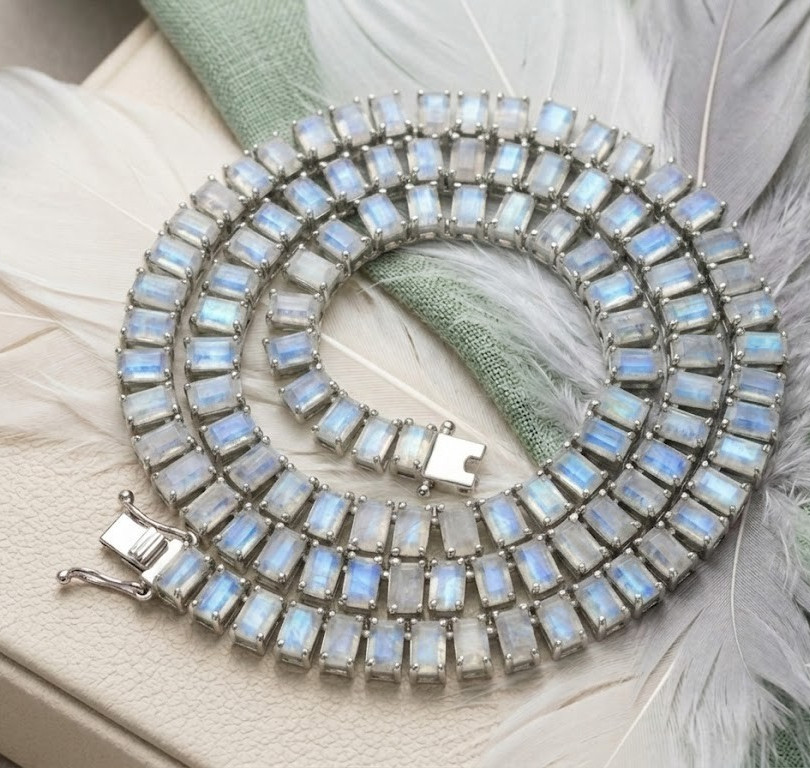 Rainbow Baguette Cut Moonstone Gemstone Tennis Necklace 925 Sterling Silver