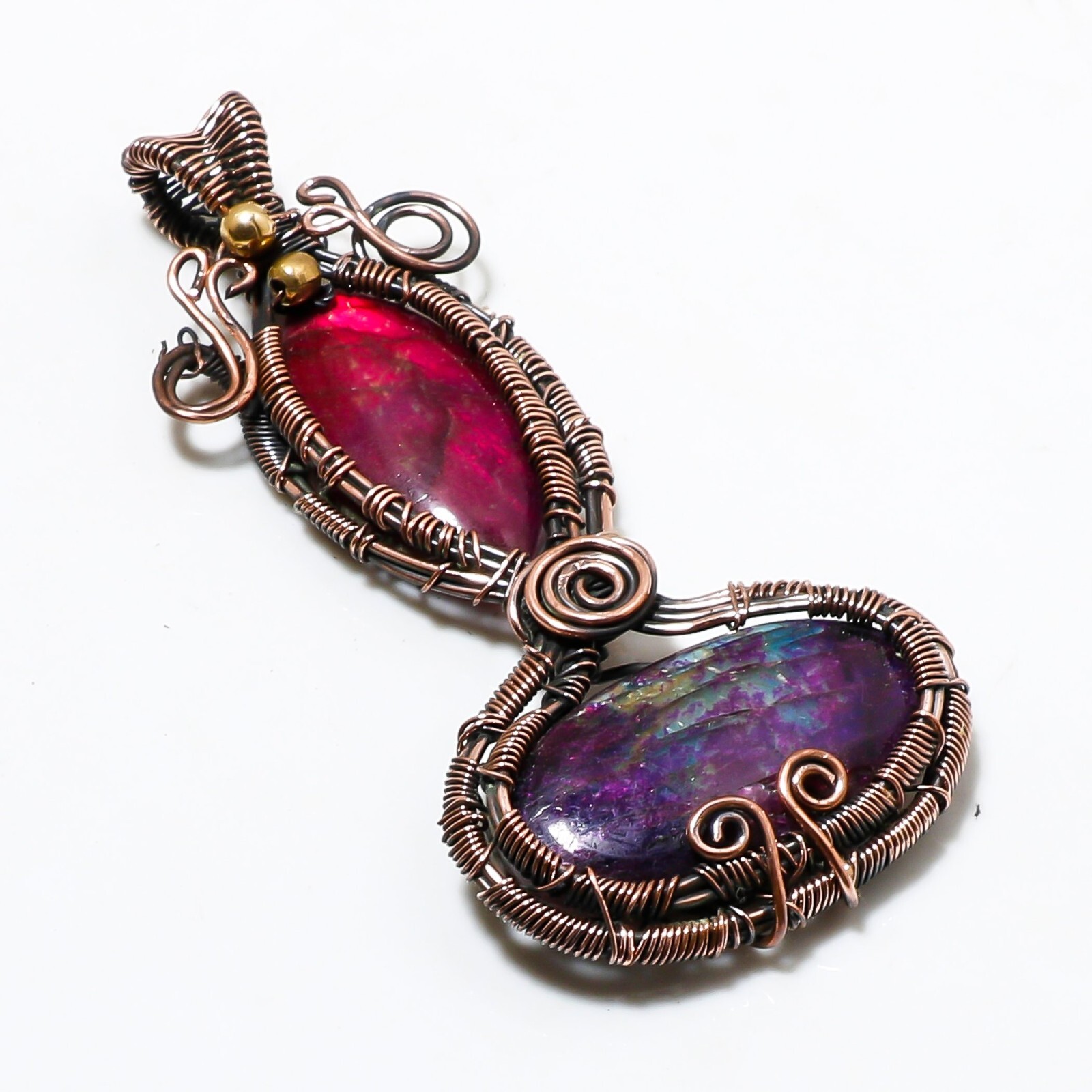 Wire Warp Copper Pink Fire Labradorite Gemstone Pendant Jewelry Size 3 Inches