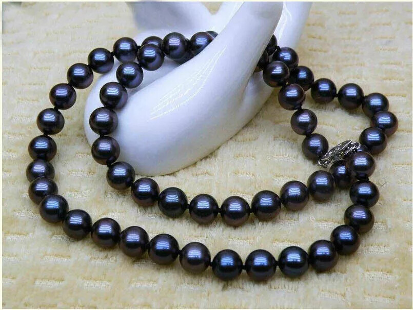 Amazing AAA+7-8mm True Natural Tahitian Black Pearl Necklace 16/36inch 14k Gold
