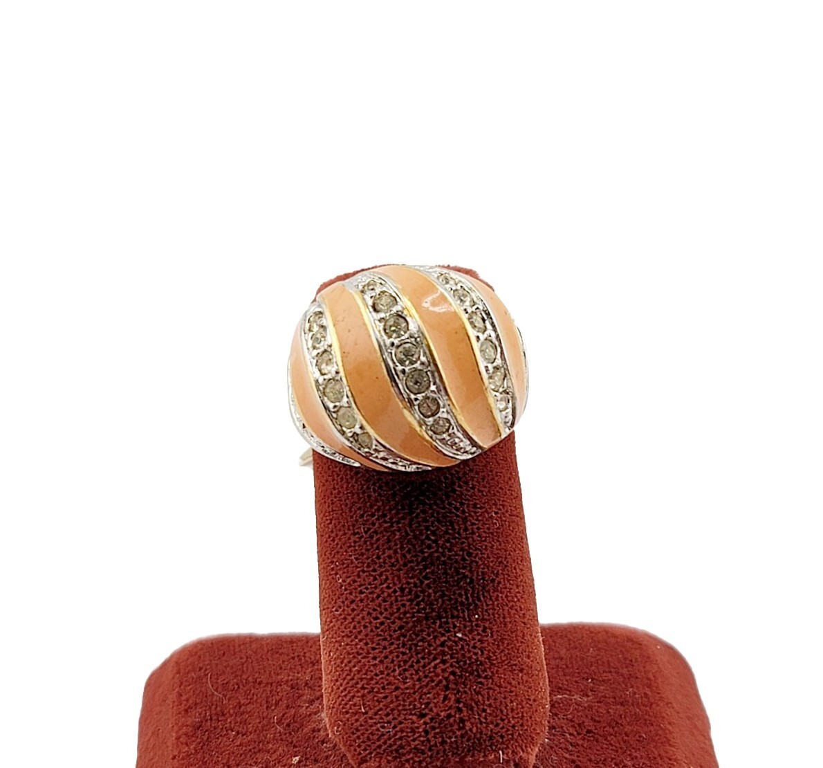 Vtg Ring Sz 7 Peach Enamel Dome Cocktail Rhinestones Jewelry 18KGE S#3