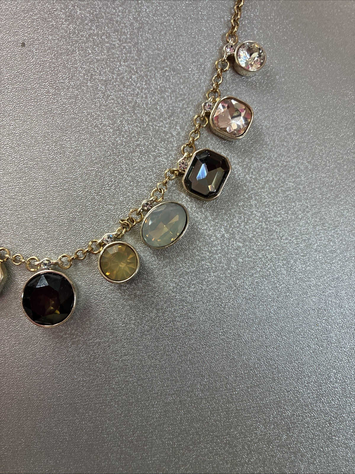 New Gold Tone & Multicolor Glass Rhinestone Necklace 18”+ Very Good Condition