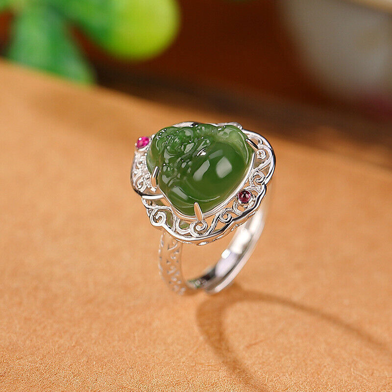 Chinese Hetian Jasper Buddhism Maitreya Buddha Pretty S925 Pure Silver Ring