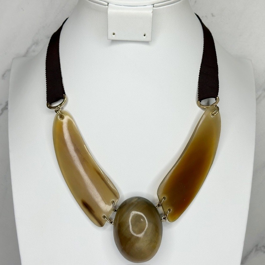 Chico’s Chunky Bib Necklace Gold Tone Ribbon Strap Tortoise Look Statement