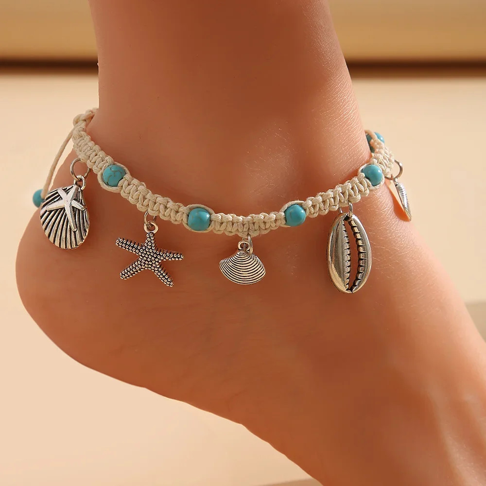 Summer Beach Boho Double Heart Anklets for Women Fashion Shell Starfish Ankle Br