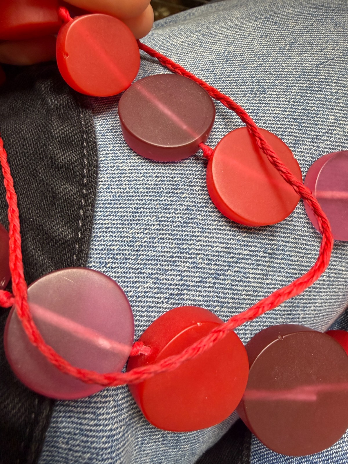Wearable Art Necklace Frosted Lucite Disc Red Circles 28 inches