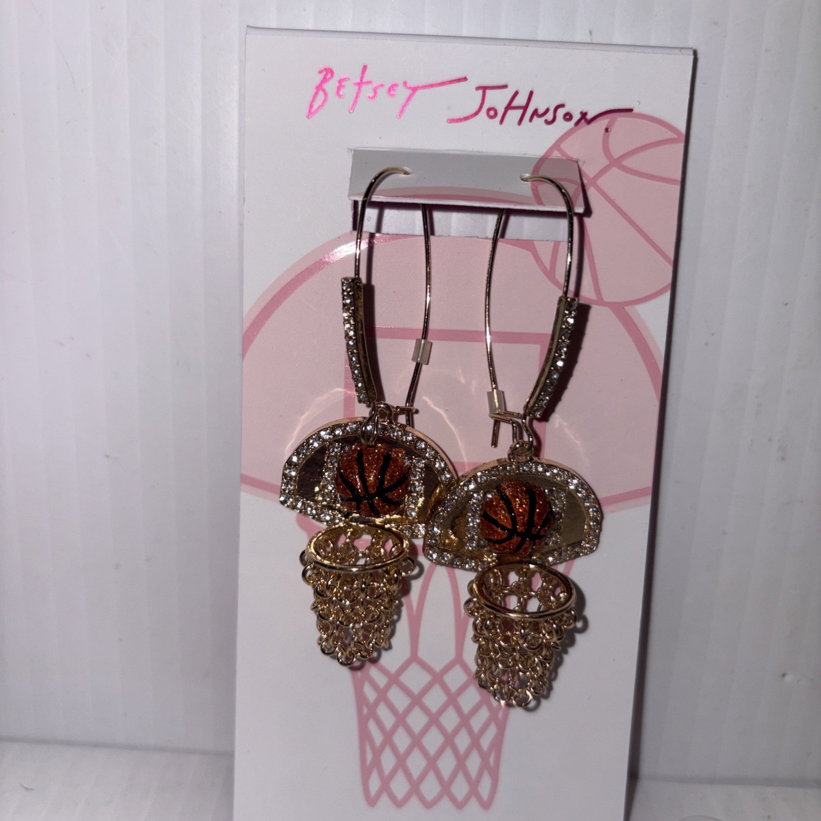 Betsey Johnson earrings Nothing But Net basketballs goldtone chains hooks NWT