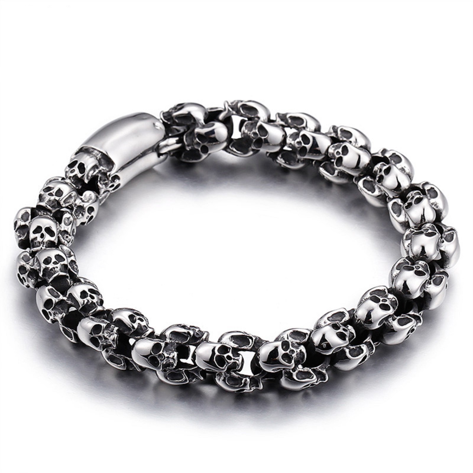 Polished Stainless Steel Silver Skull Bracelet w/Metal Gift Box – BLACKSTATIC