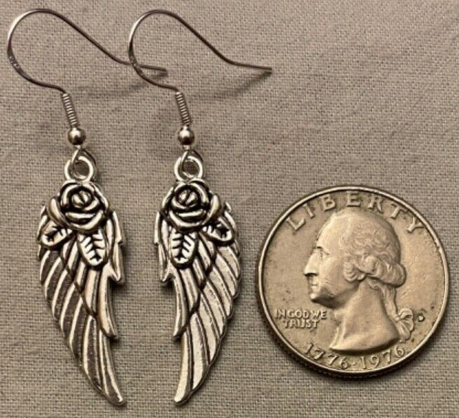 ROSE WINGS EARRINGS – Pewter w/Sterling Silver Ear Wires BIRD ANGEL FAIRY ICARUS