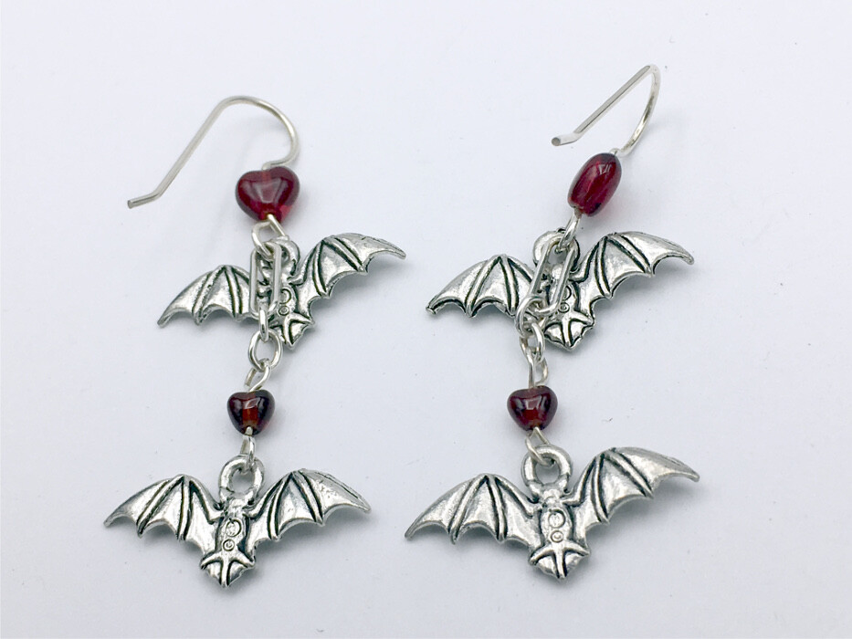 Pewter & Sterling silver Bat dangle Earrings-Bats-Halloween- Vampire, red
