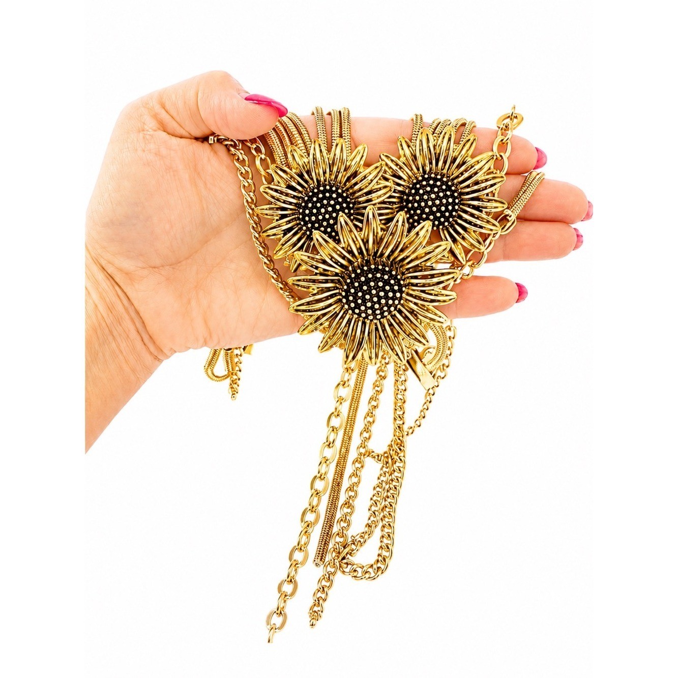 Heavyweight Sunflower Statement Necklace Gold Tone Multi-Strand Tassel Choker