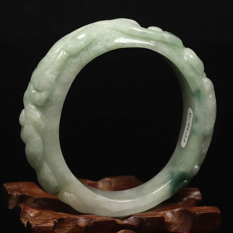 53mm White Green Jadeite Jade Bangle Bracelet Hand-carved Dragons 07709