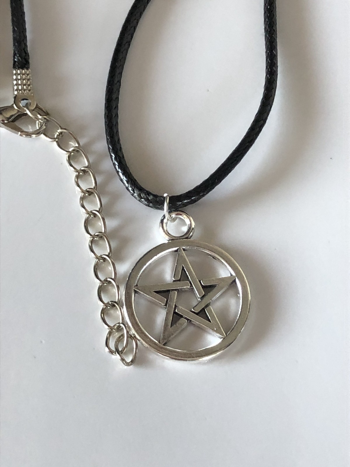 Pentagram Genuine Leather 2cm Solid Silver Pendant Choker Necklace 45cm+5cm
