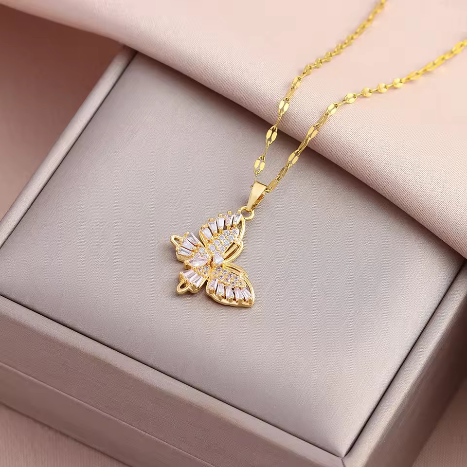 Luxury Gold Color Butterfly Pendant Zircon Crystal Necklace Women