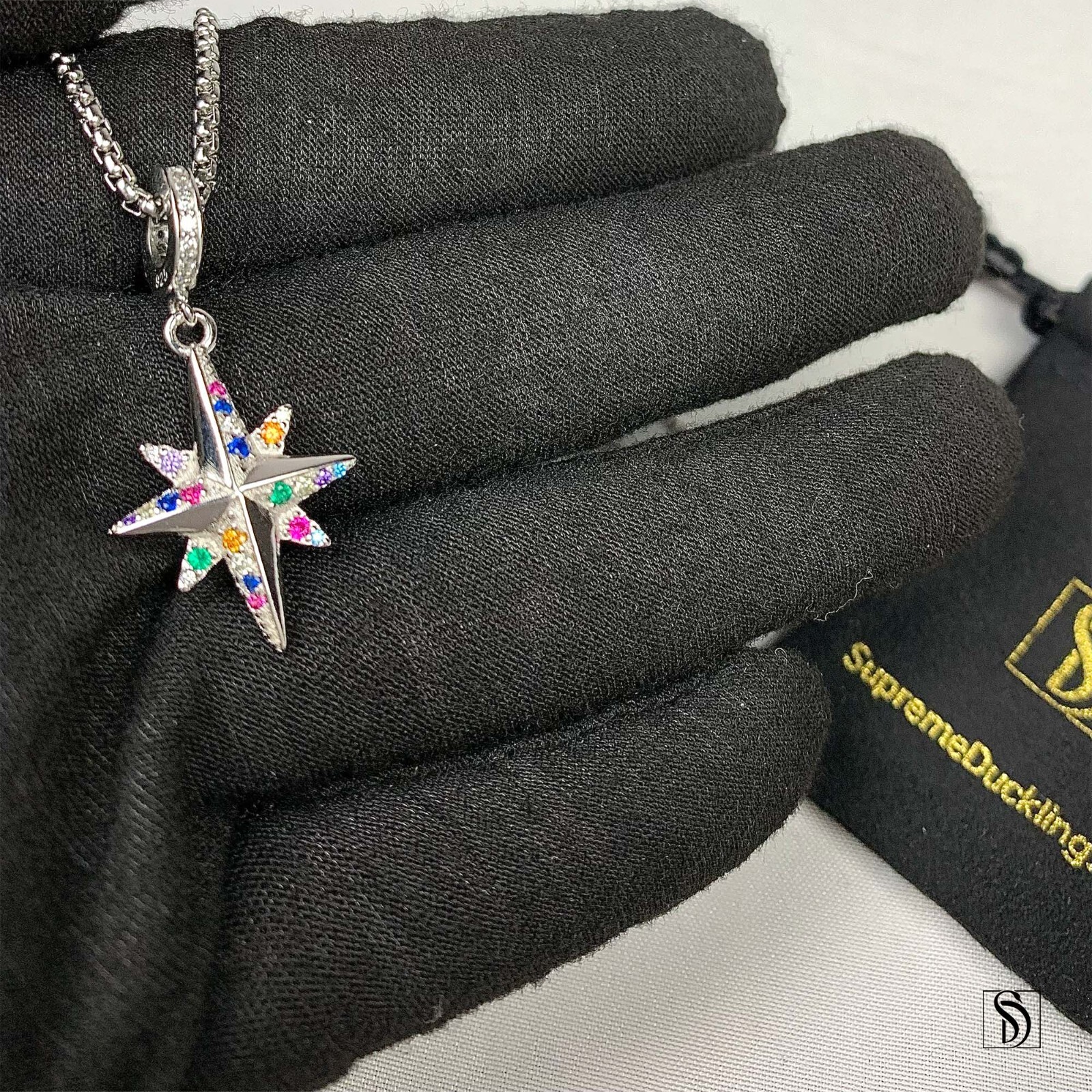 Rainbow Gemstone North Star Pendant Necklace Premium Sterling Silver Charm Gift
