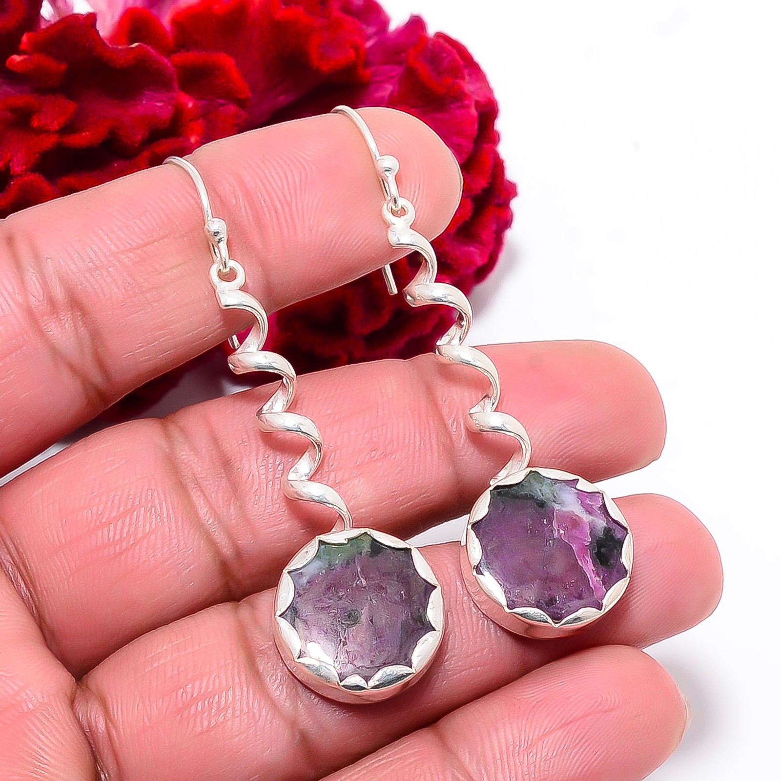 Natural Ruby With Zoisite – Tanzania 925 Sterling Silver Earring 2.34″ E98524