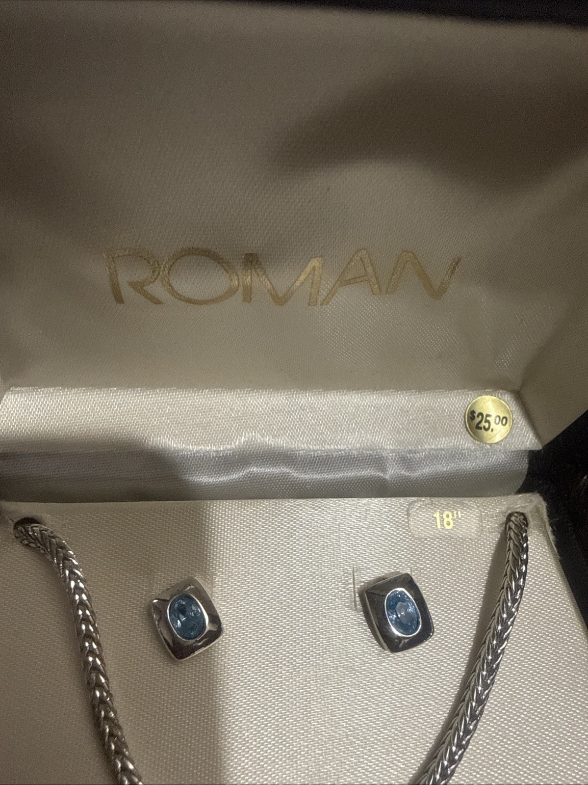Vintage Roman Silver Tone Necklace And Pierced Earring Set Genuine Crystal NIB