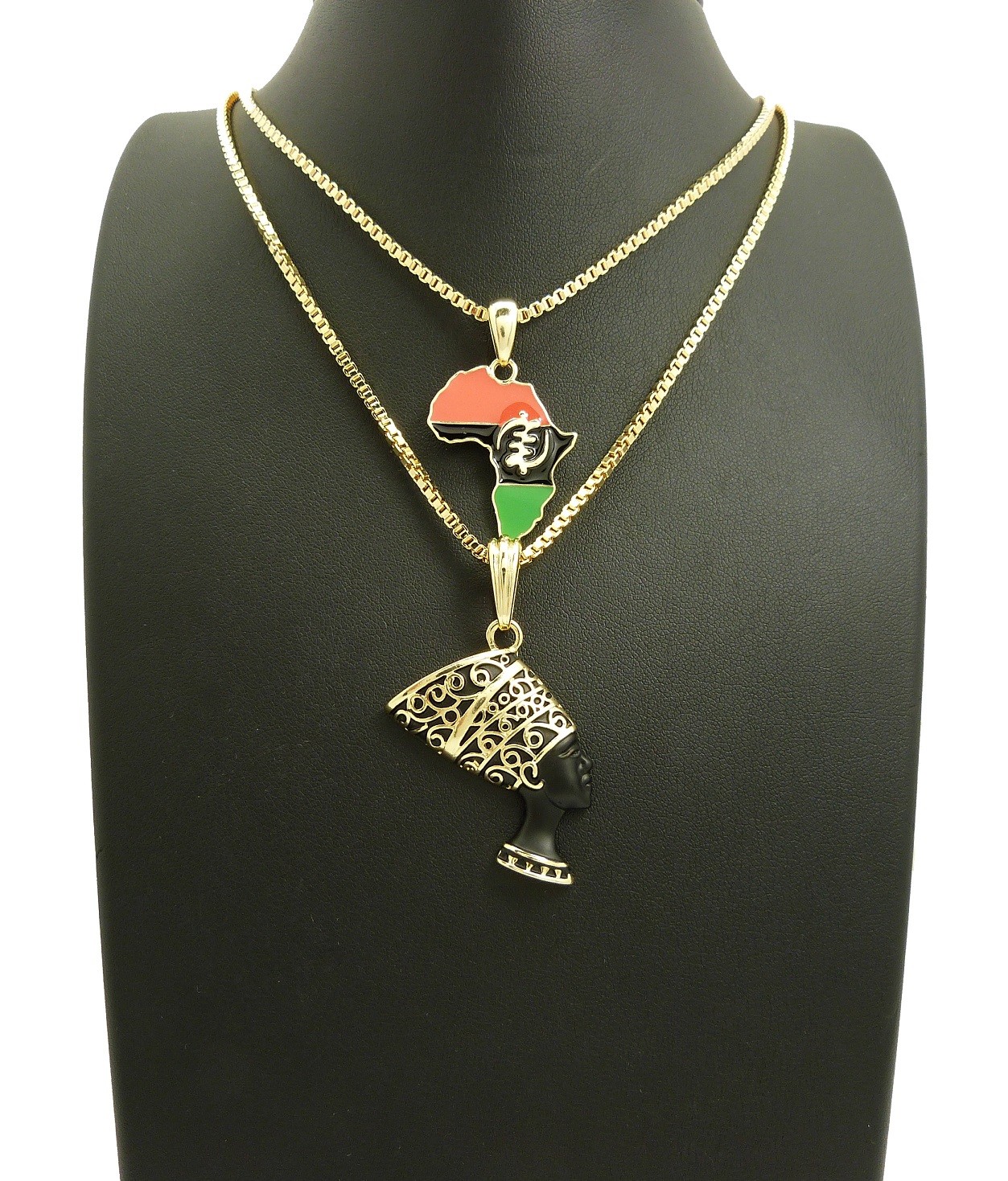 Gye Nyame Africa Map, Nefertiti Pendant 16″- 24″ Box Chain 2 Necklace Set RC3012
