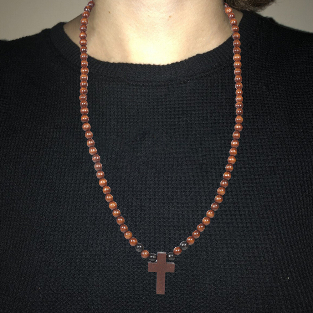 Wooden Cross Necklace For Men Beaded Chain Necklace Rosary Trendy Necklace