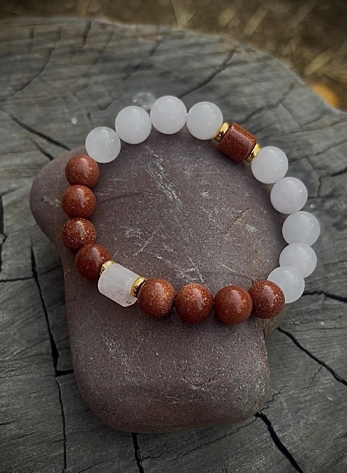 White & Brown Round Stone Beaded Stretch Bracelet w/ Gold Spacers