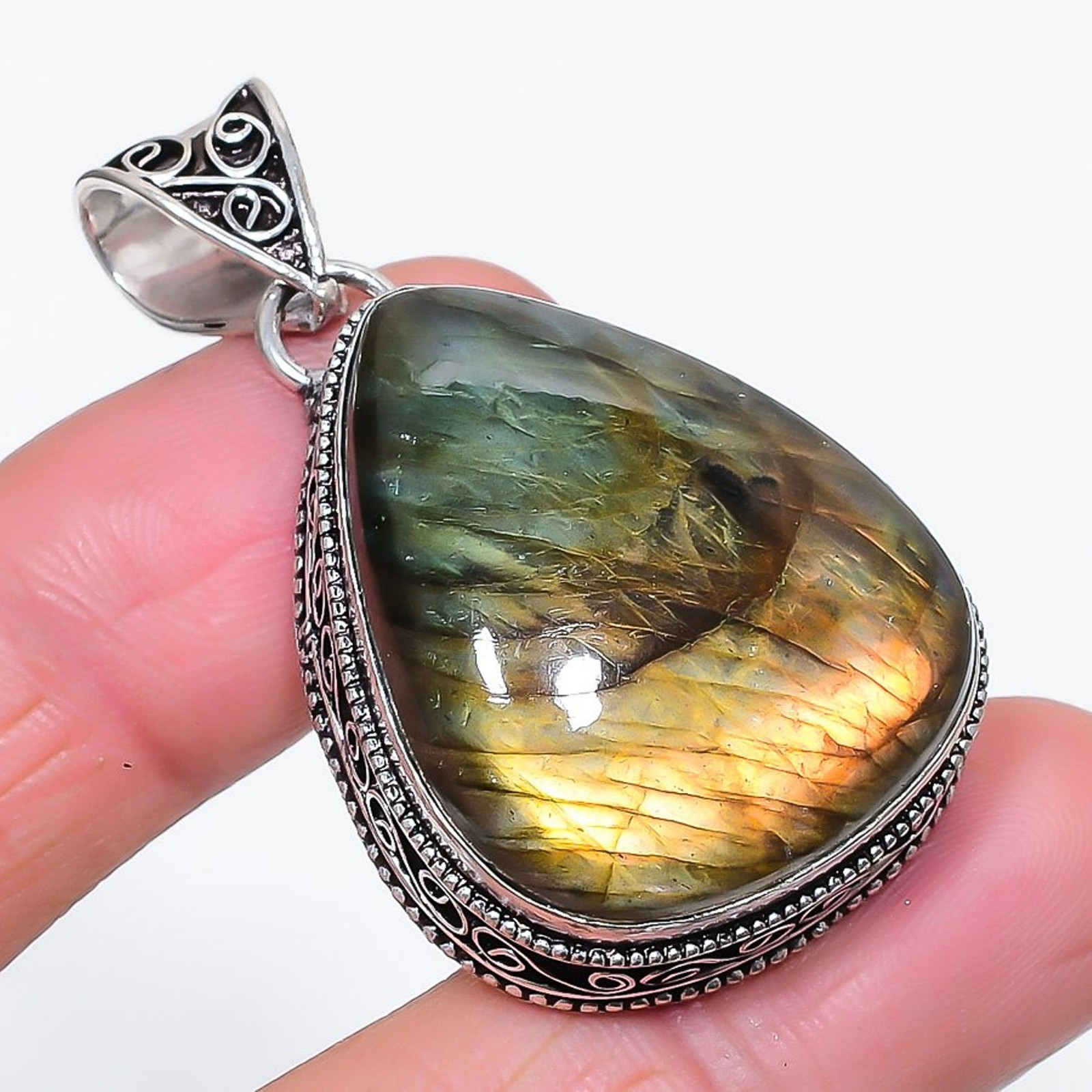Blue Fire Labradorite Pear Shape Gemstone Pendant Vintage Jewelry 2.1″ VP 3411