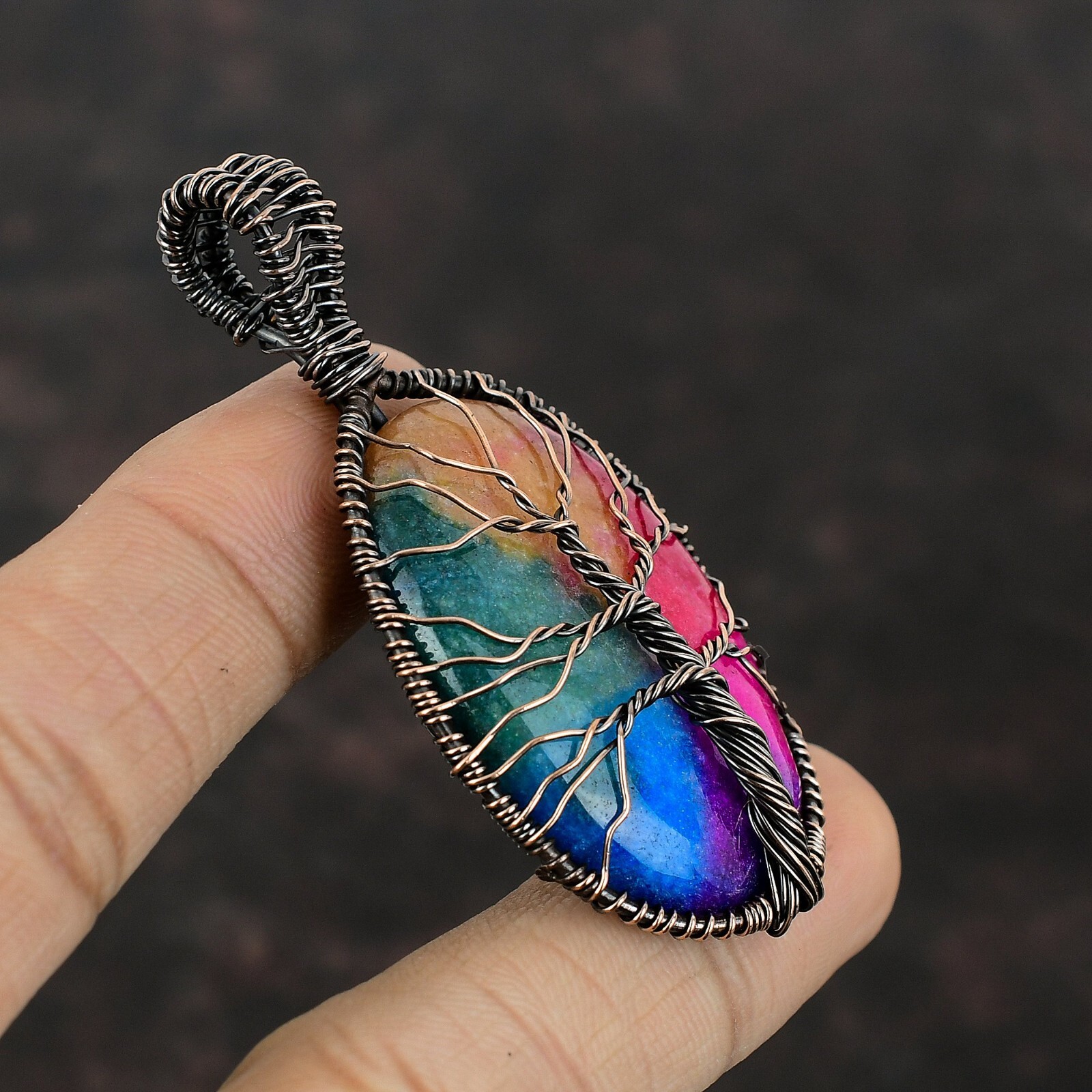 Rainbow Solar Quartz Druzy Copper Wire Wrapped Tree Of Life Pendant 2.56″