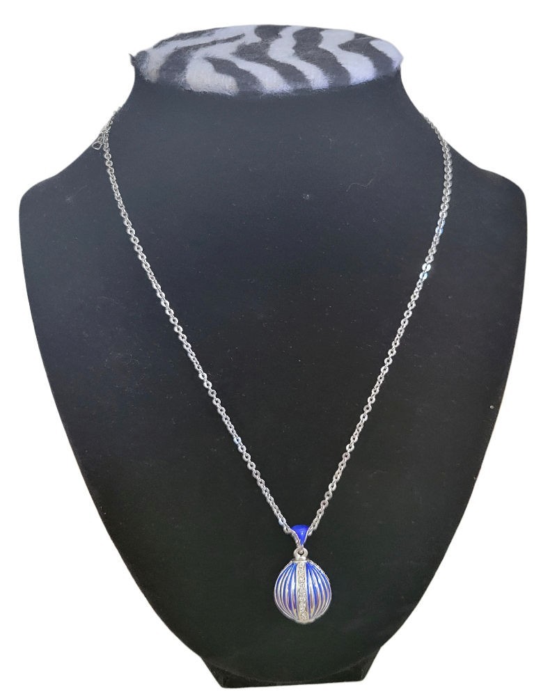 Russian Faberge Inspired Easter Enamel Egg Blue Color Pendant w/ Silver Chain