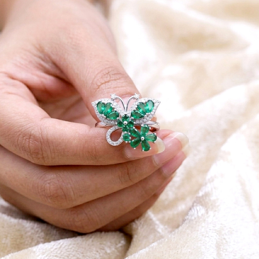 925 Sterling Silver Lab Created Emerald Butterfly Ring, Floral CZ Statement Ring