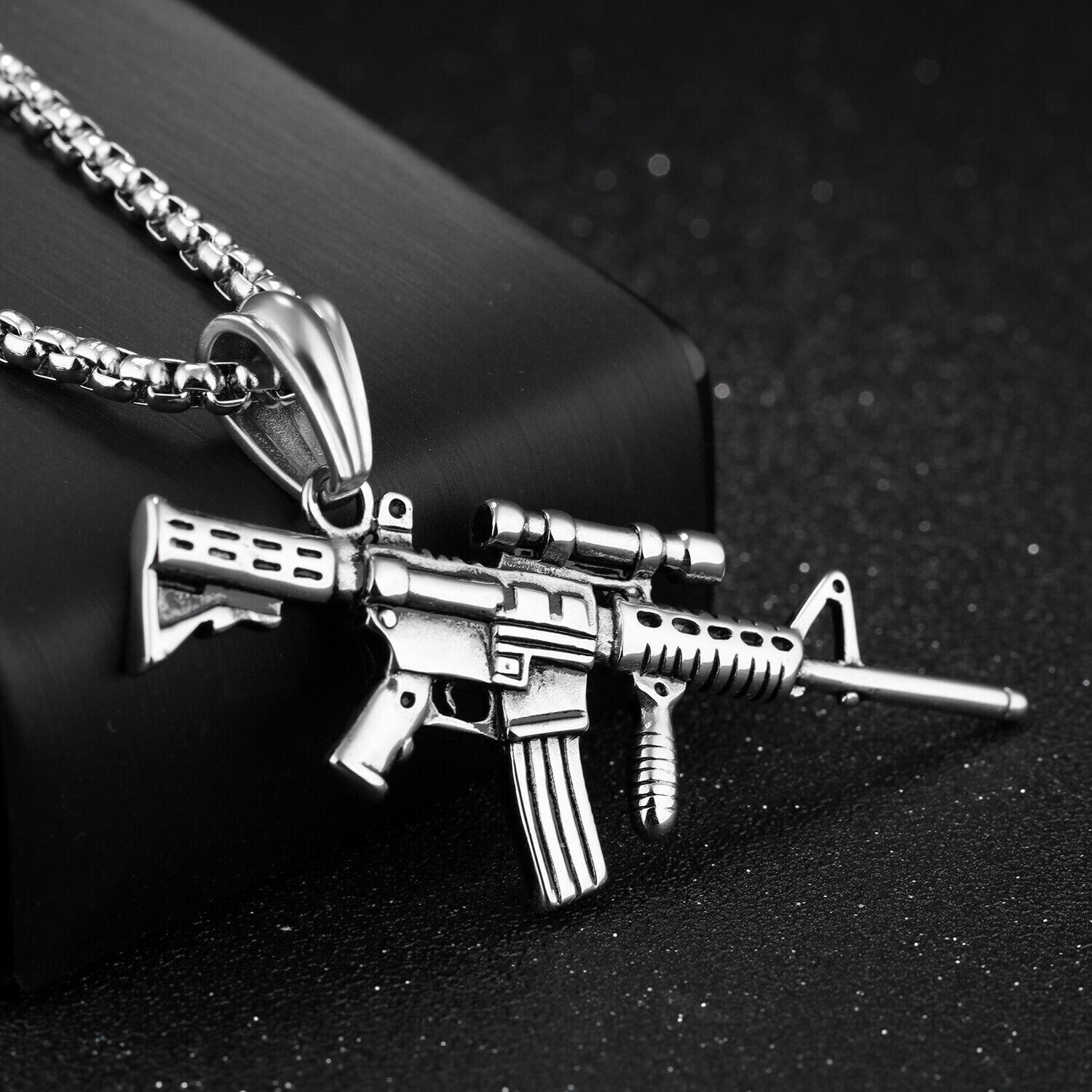 Silver Army AK47 Machine Gun Stainless Steel Pendant Necklace, Second Amendment