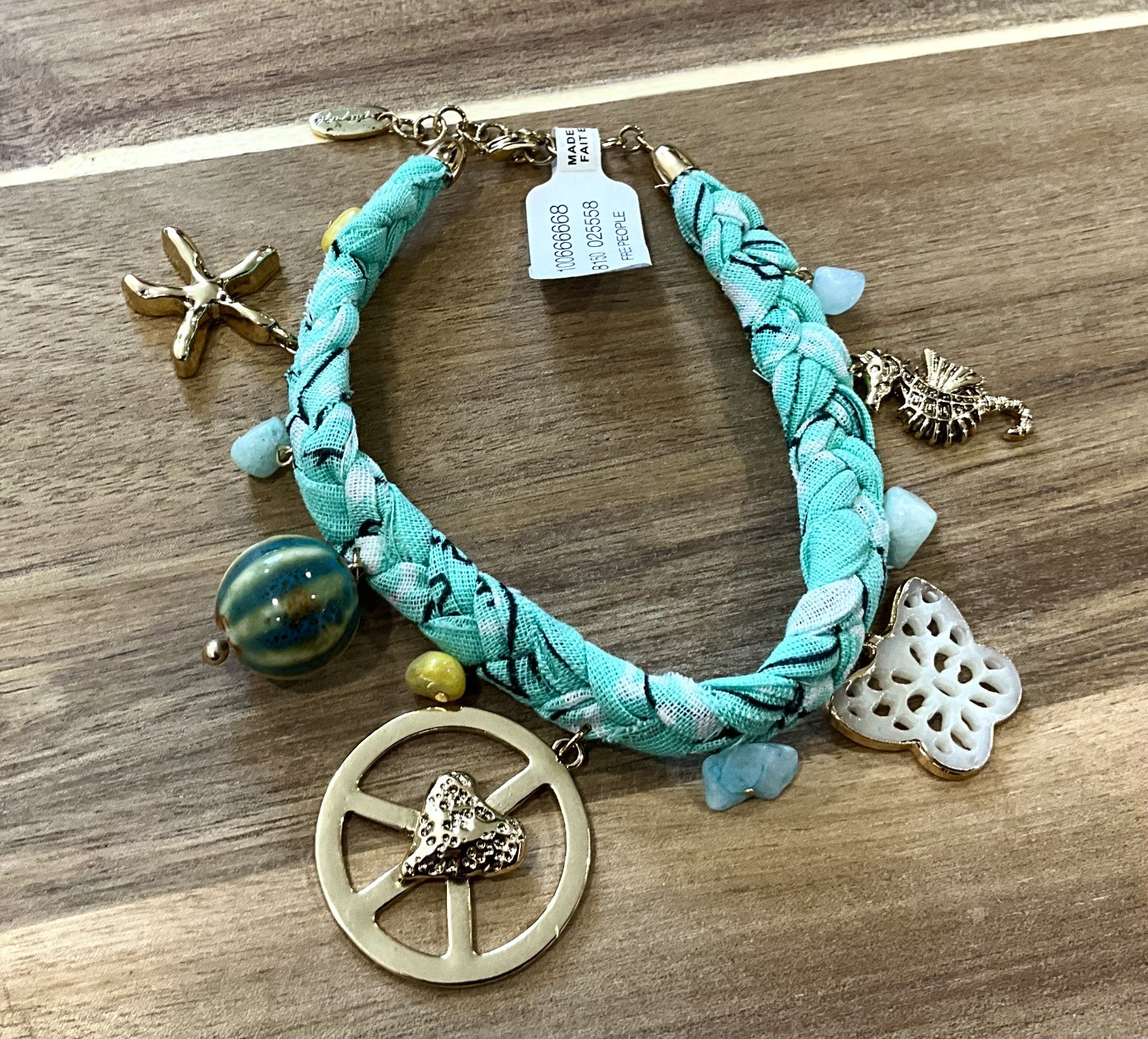Free People Sky Charm Anklet Bracelet Turquoise Twisted Bandana Peace Adjust NWT