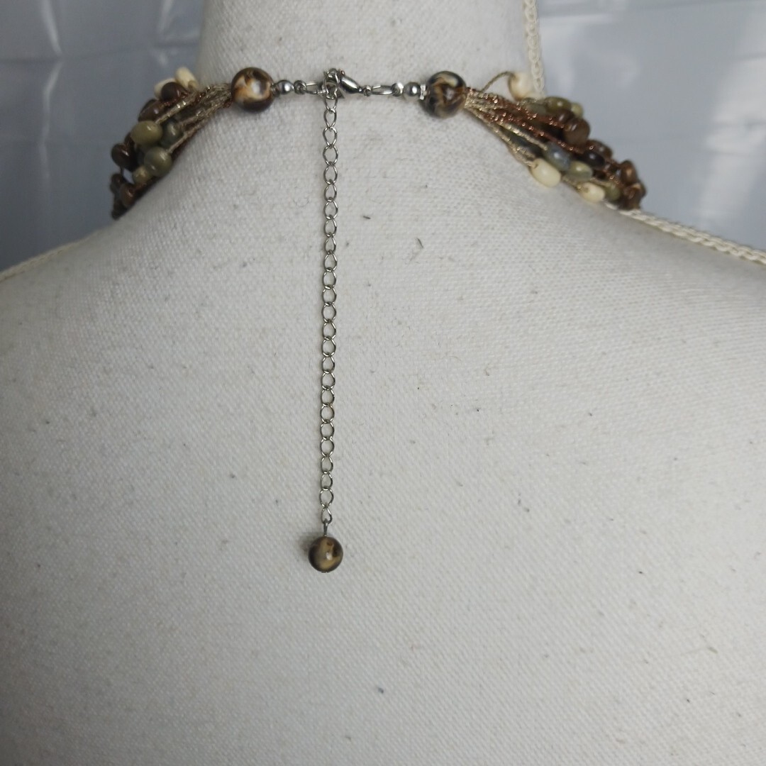 Layered Statement Necklace Multi Ivory Green Earth Tone Beaded Boho Wear To Work
