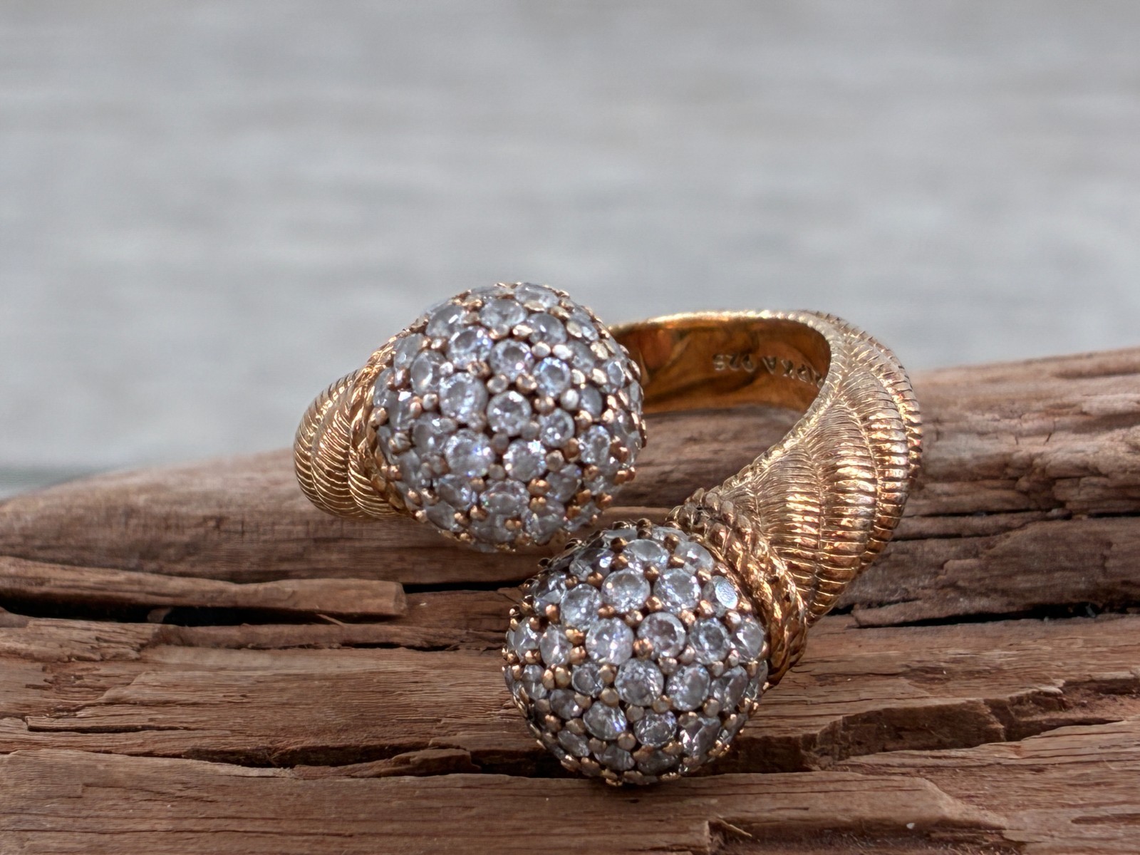Vintage Judith Ripka Bypass Ring CZ Sphere Ball Tips Gold on Sterling Cable Band