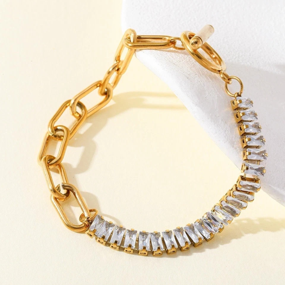 8Ct Baguette Cut Simulated Diamond Tennis Link Bracelet 14k Yellow Gold Plated