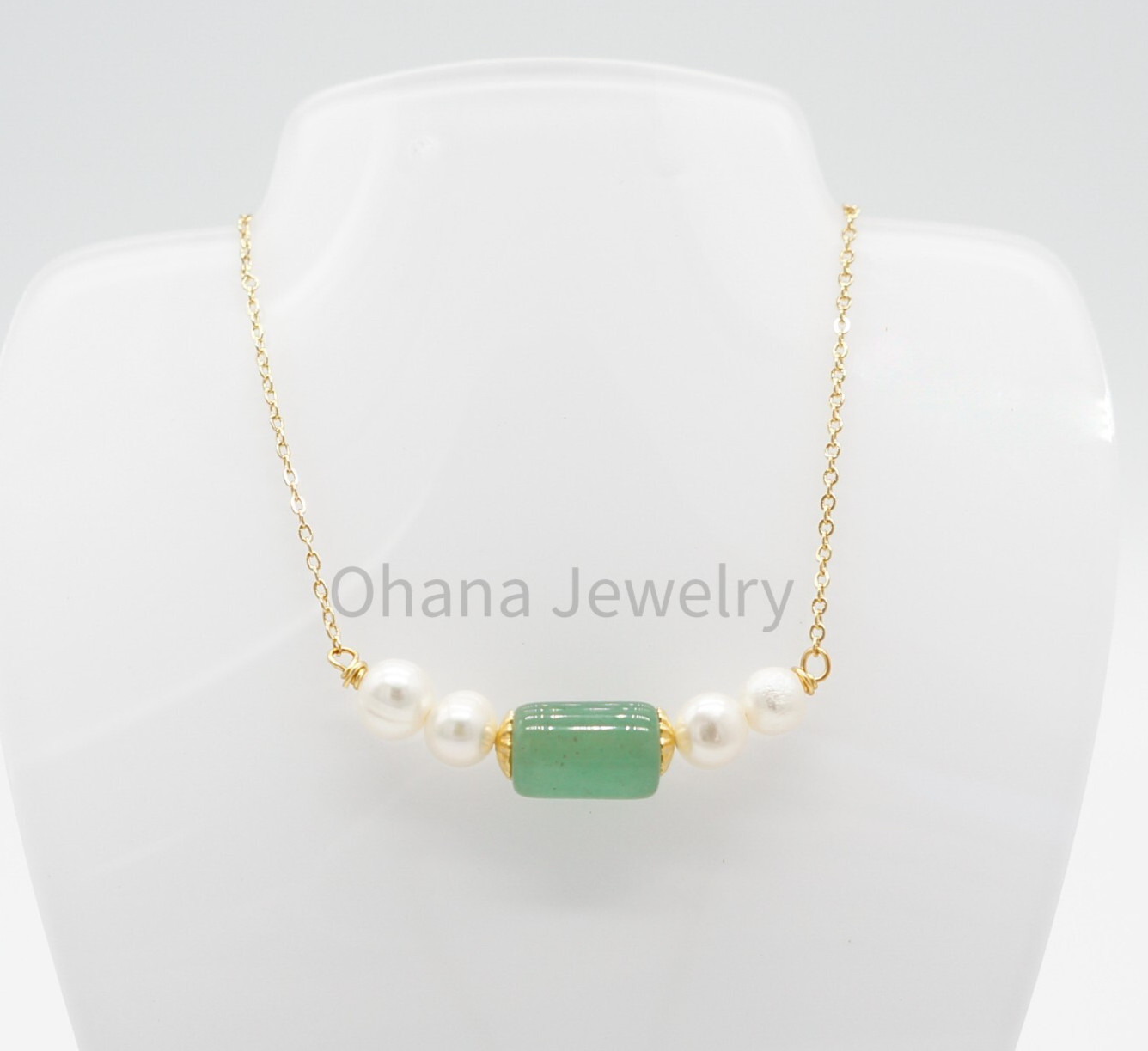 Natural Green Jade Copper Freshwater Pearl 18″ Oval Link Necklace – 4 Pearls