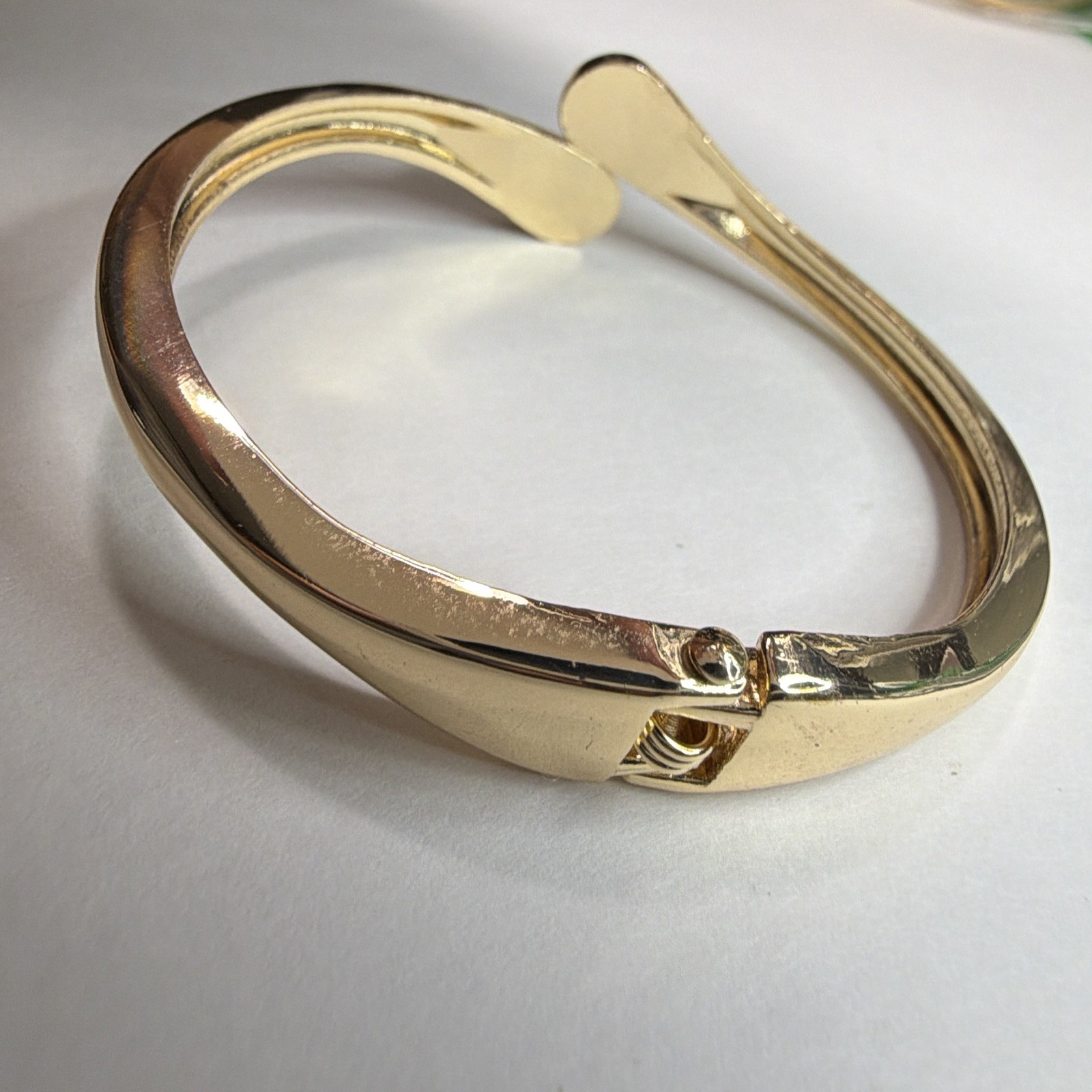Gold Tone Asymmetrical Bangle Bracelet, Push Lock Closure, No Stone