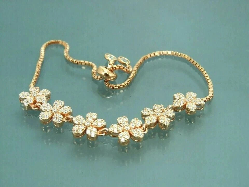 5 Ct Round Simulated Diamond Flower Bolo Chain Bracelet 14K Yellow Gold Plated