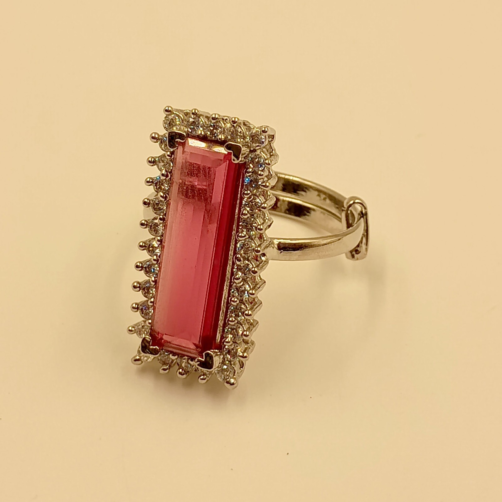 Womens Red Baguette Halo Ring Adjustable Band White Plated Wedding Jewelry