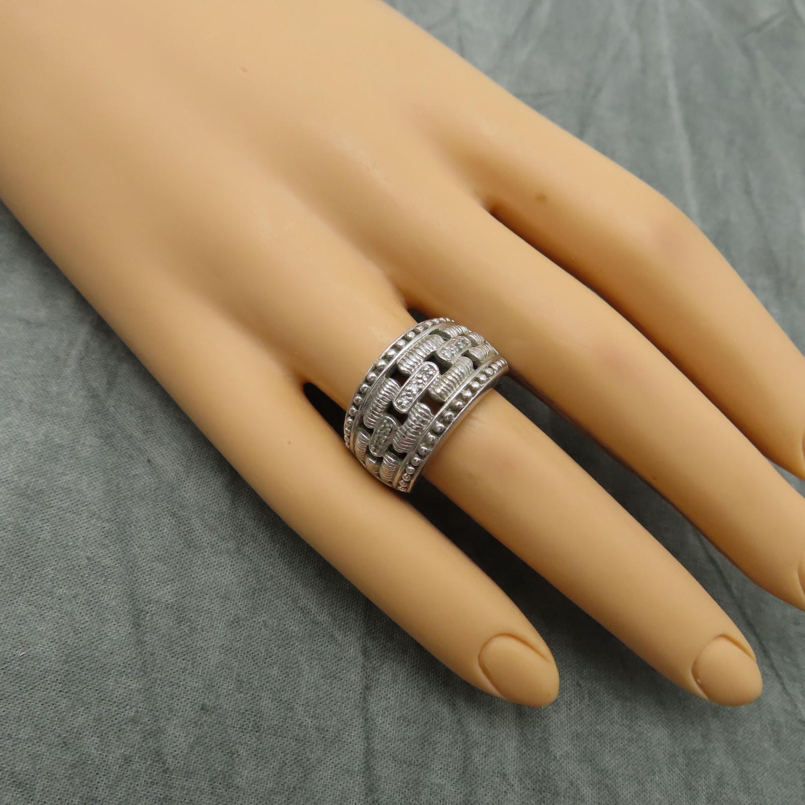 Judith Ripka Sterling Silver Ring Cocktail Clear CZ Crystal Sz 6 Wide Band 919f