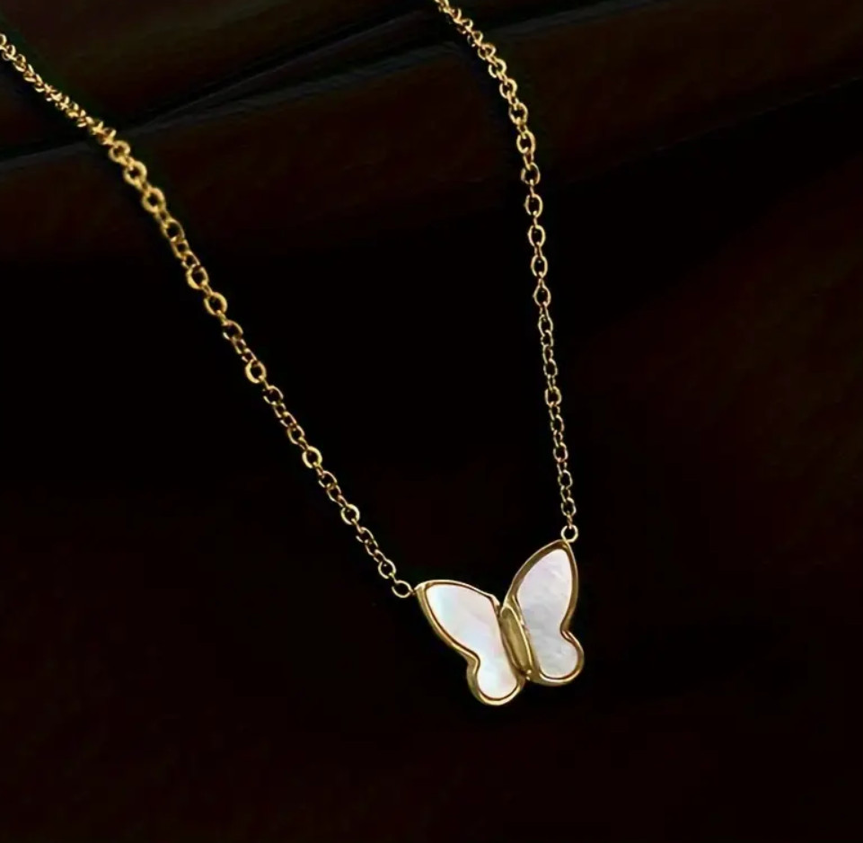 Dainty Elegant Mother of Pearl Butterfly Pendant Gold Plated Timeless Necklace